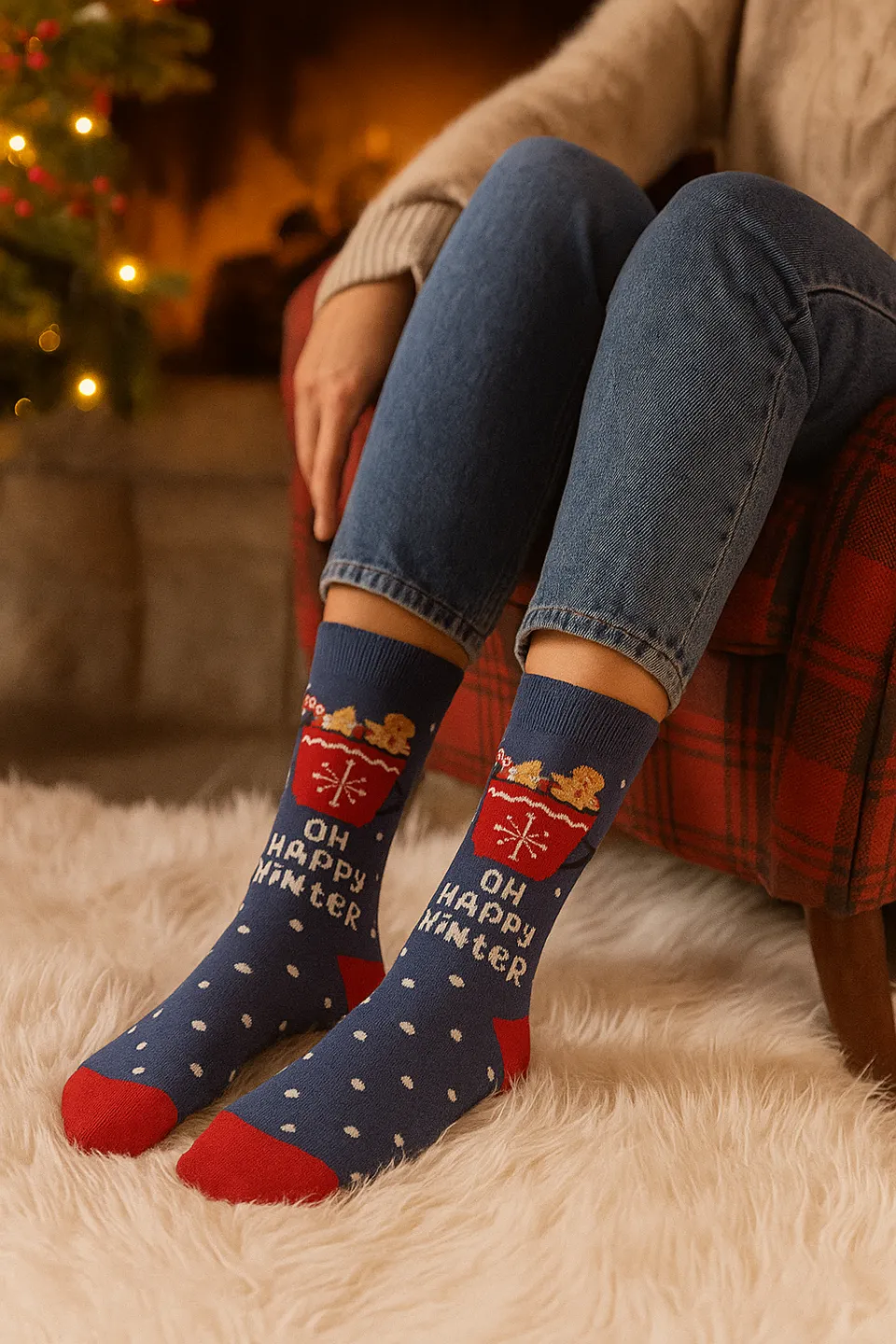 Șosete lungi de Crăciun unisex – imprimeu „Oh Happy Winter”, fundal albastru închis - 1