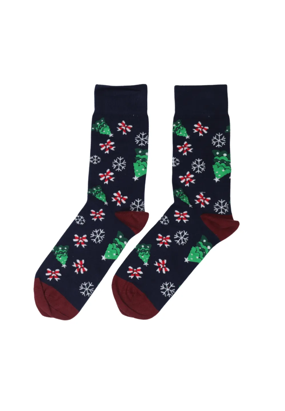 Șosete lungi de Crăciun pentru bărbați – imprimeu brazi, fulgi de zăpadă și fundițe, fundal bleumarin - 1