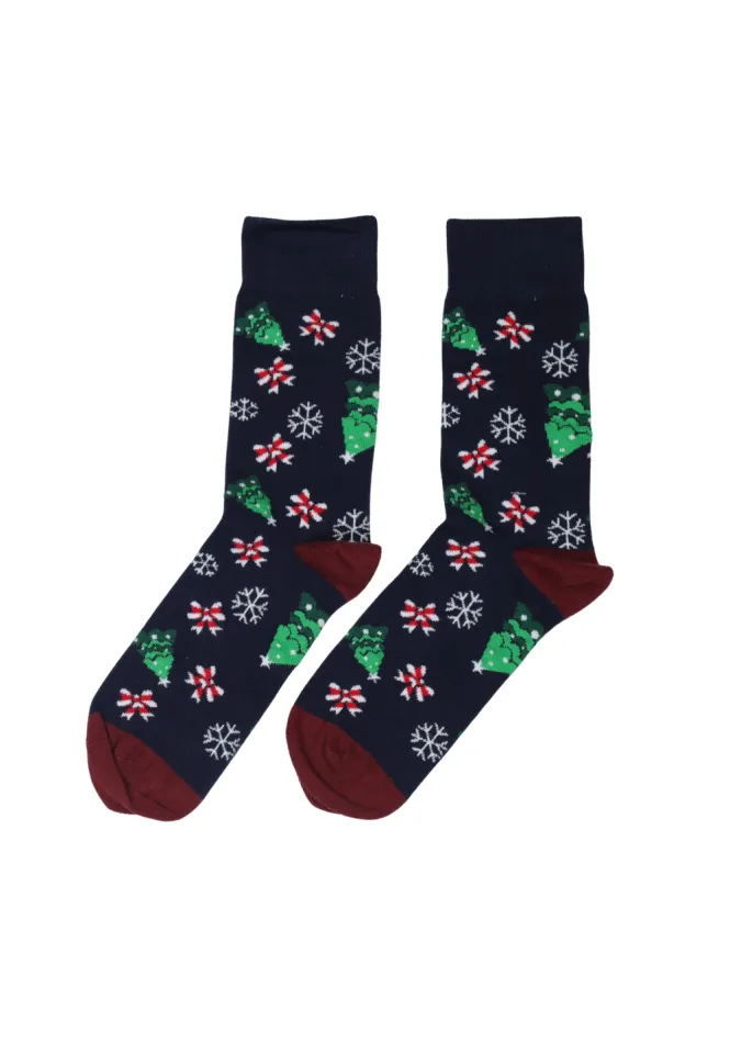Șosete lungi de Crăciun pentru bărbați – imprimeu brazi, fulgi de zăpadă și fundițe, fundal bleumarin