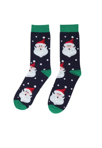 Șosete lungi de Crăciun pentru bărbați – Moș Crăciun cu buline albe, fundal bleumarin