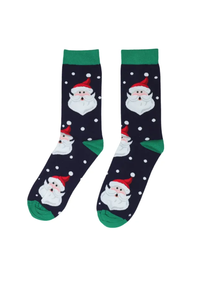 Șosete lungi de Crăciun pentru bărbați – Moș Crăciun cu buline albe, fundal bleumarin