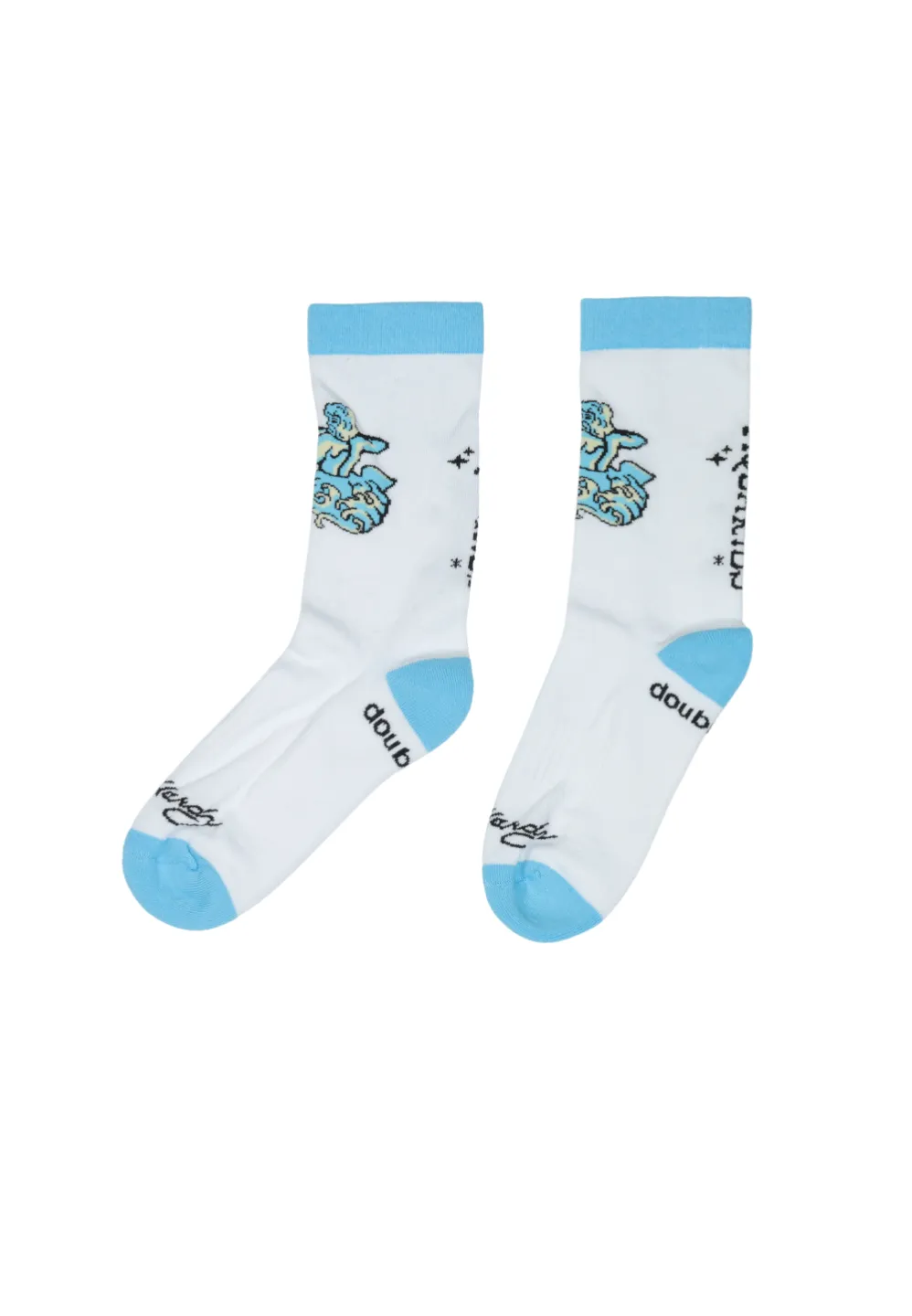 Șosete lungi pentru damă „Aquarius” – albe cu detalii bleu, talpă flaușată - 1