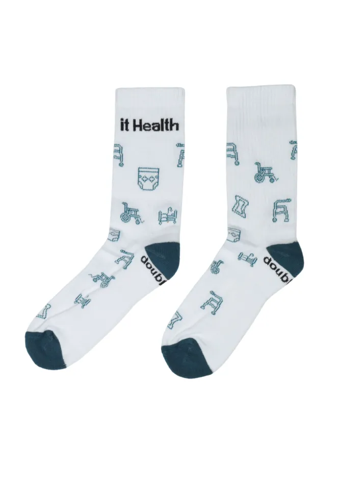 Șosete lungi pentru damă albe cu detalii verde închis și talpă flaușată