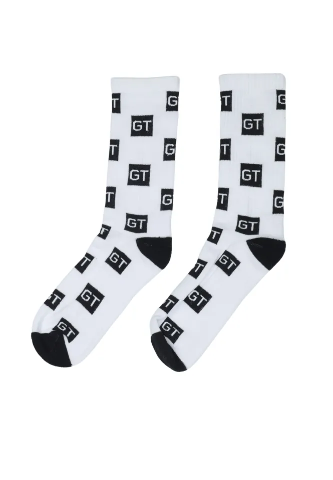 Șosete lungi pentru damă albe cu detalii negre și talpă flaușată