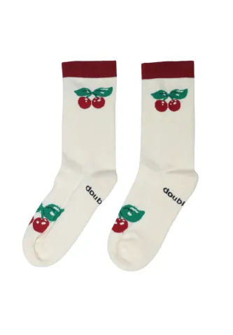 Șosete lungi crem pentru damă cu imprimeu cireșe și talpă flaușată