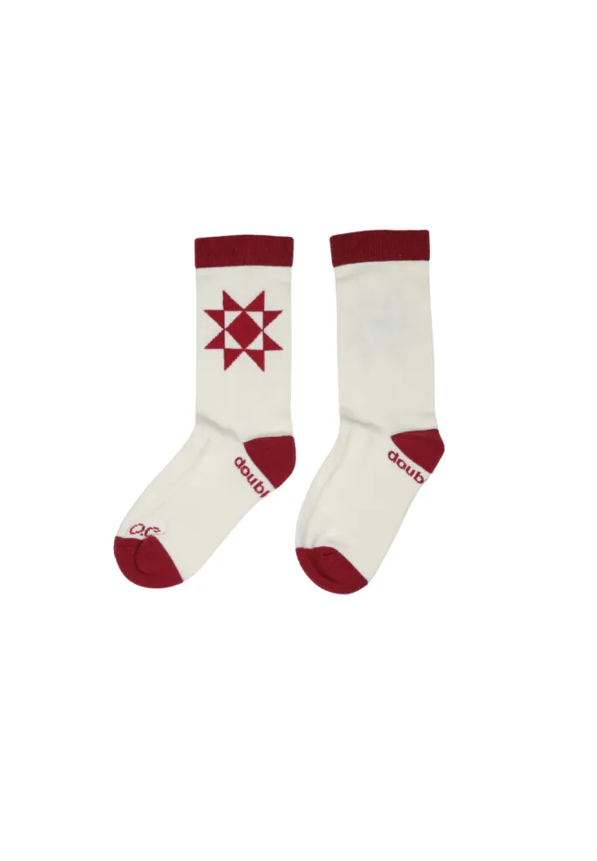 Șosete lungi crem pentru damă cu talpă flaușată și detalii bordo