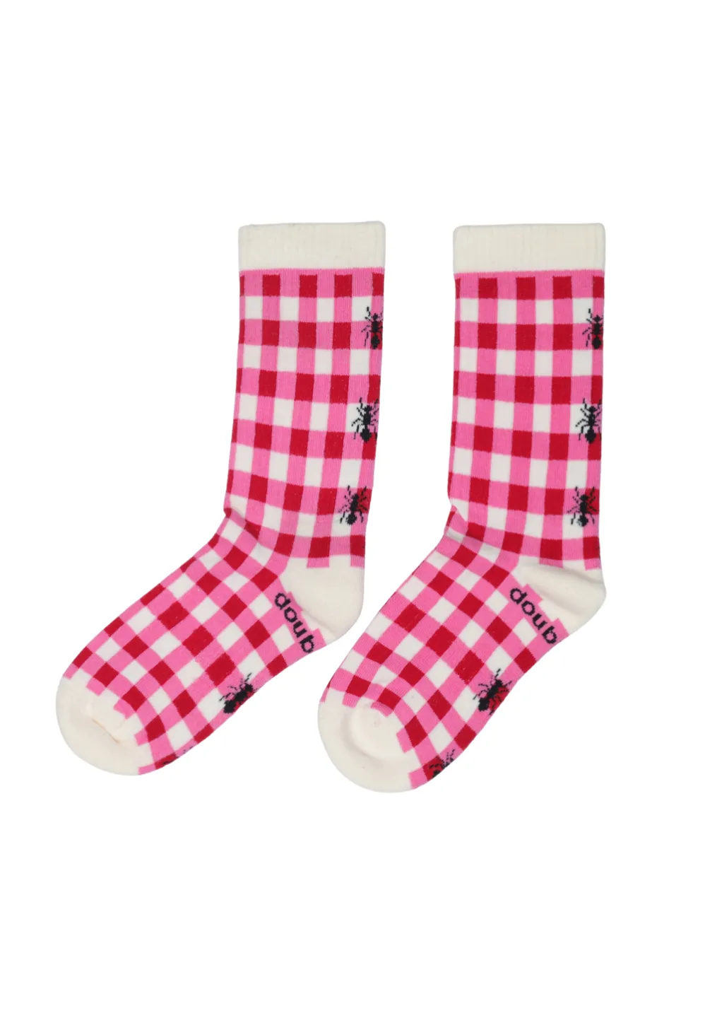 Șosete lungi groase damă cu talpă flaușată, model în carouri roz și imprimeu păianjeni - 1