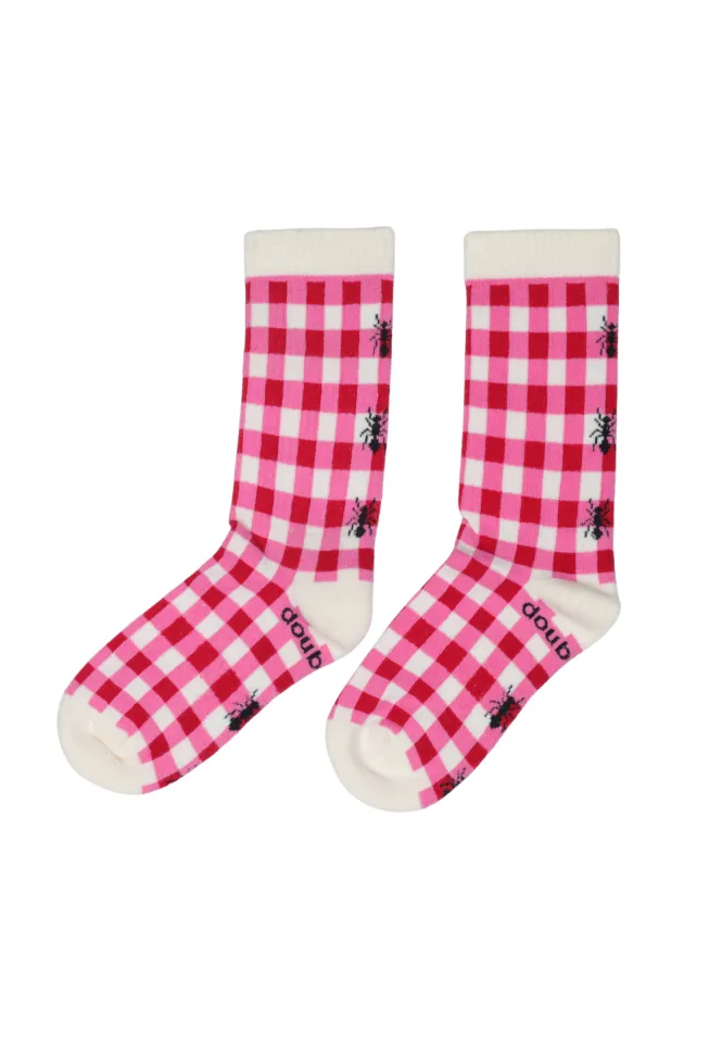 Șosete lungi groase damă cu talpă flaușată, model în carouri roz și imprimeu păianjeni