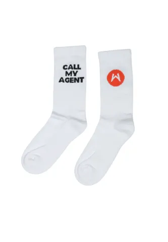 ȘOSETE DAMĂ ALBE „CALL MY AGENT” – LUNGI, GROASE, CU TALPĂ FLAUȘATĂ