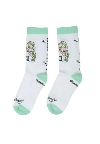 ȘOSETE DAMĂ ALBE CU IMPRIMEU „GEMINI” ȘI DETALII VERDE DESCHIS