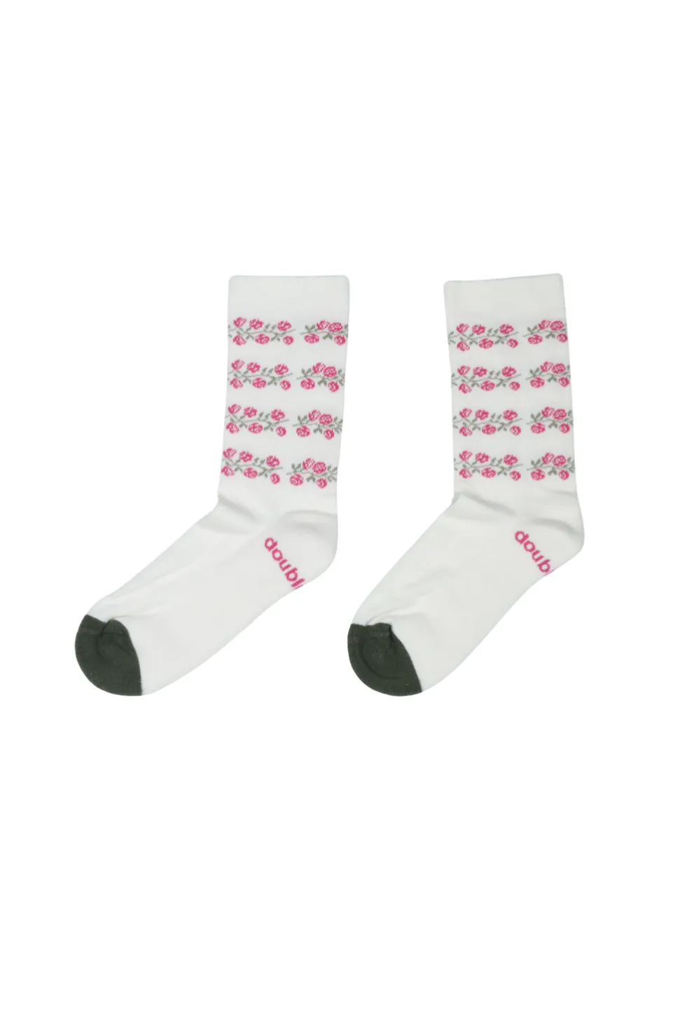 ȘOSETE DAMĂ ALBE CU FLORI ROZ ȘI VÂRF VERDE – LUNGI, GROASE, CU TALPĂ FLAUȘATĂ - 1