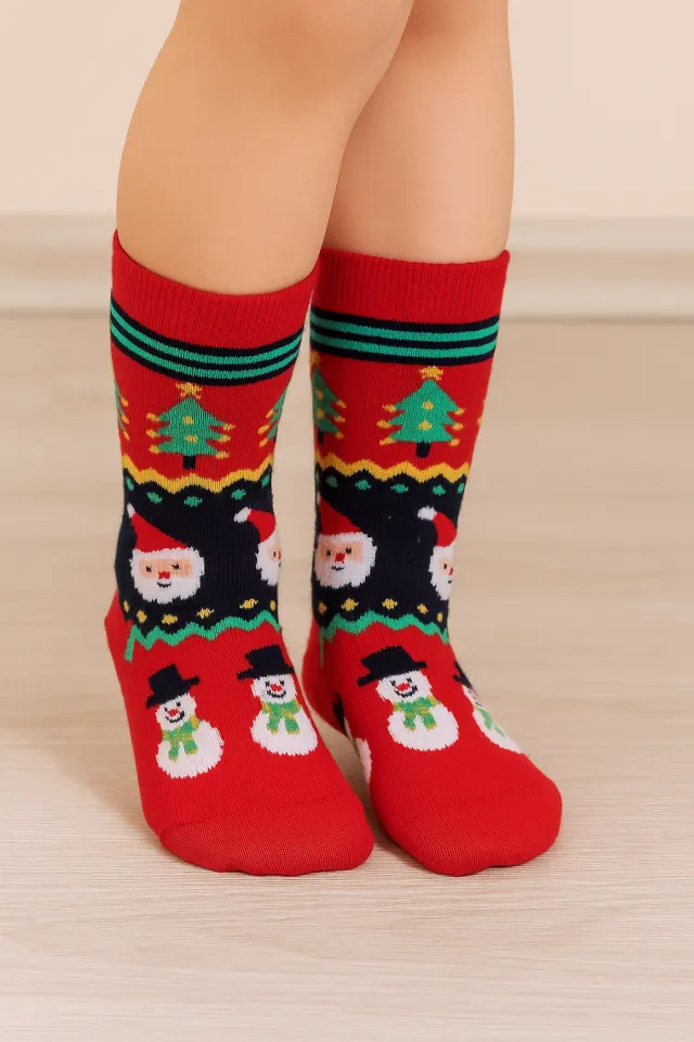 ȘOSETE LUNGI DE CRĂCIUN PENTRU COPII – ROȘII CU IMPRIMEU MOȘ CRĂCIUN, BRAD ȘI OM DE ZĂPADĂ