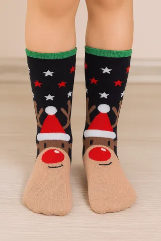 ȘOSETE LUNGI DE CRĂCIUN PENTRU COPII – BLEUMARIN CU IMPRIMEU REN ȘI STELUȚE