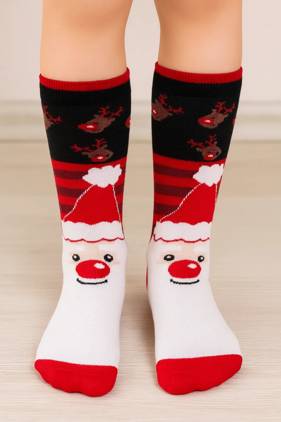 ȘOSETE LUNGI DE CRĂCIUN PENTRU COPII – NEGRE CU IMPRIMEU RENI ȘI MOȘ CRĂCIUN - 1