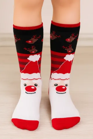 ȘOSETE LUNGI DE CRĂCIUN PENTRU COPII – NEGRE CU IMPRIMEU RENI ȘI MOȘ CRĂCIUN