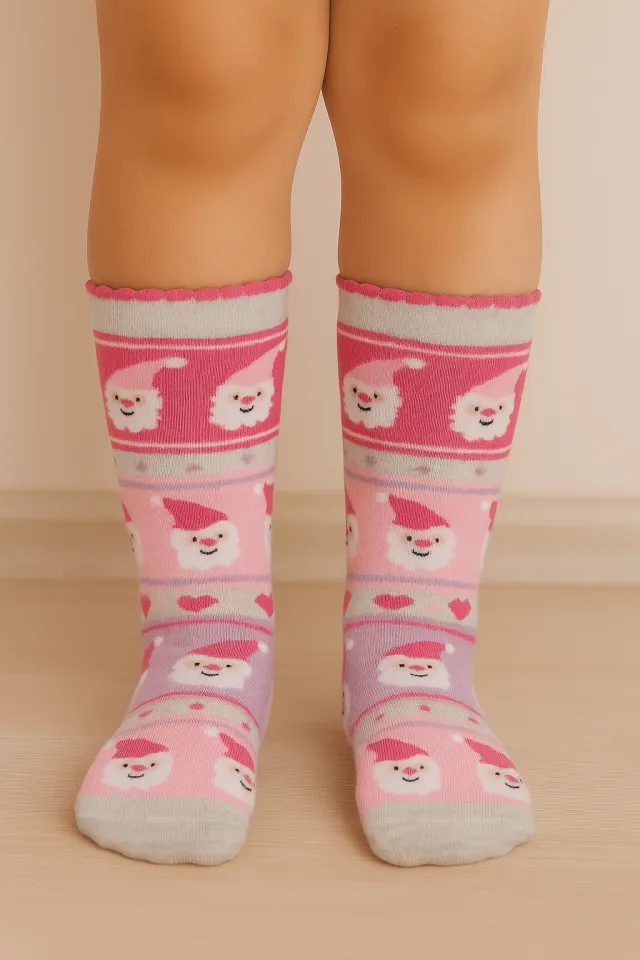 ȘOSETE LUNGI DE CRĂCIUN PENTRU COPII – ROZ ȘI LILA CU MOȘ CRĂCIUN