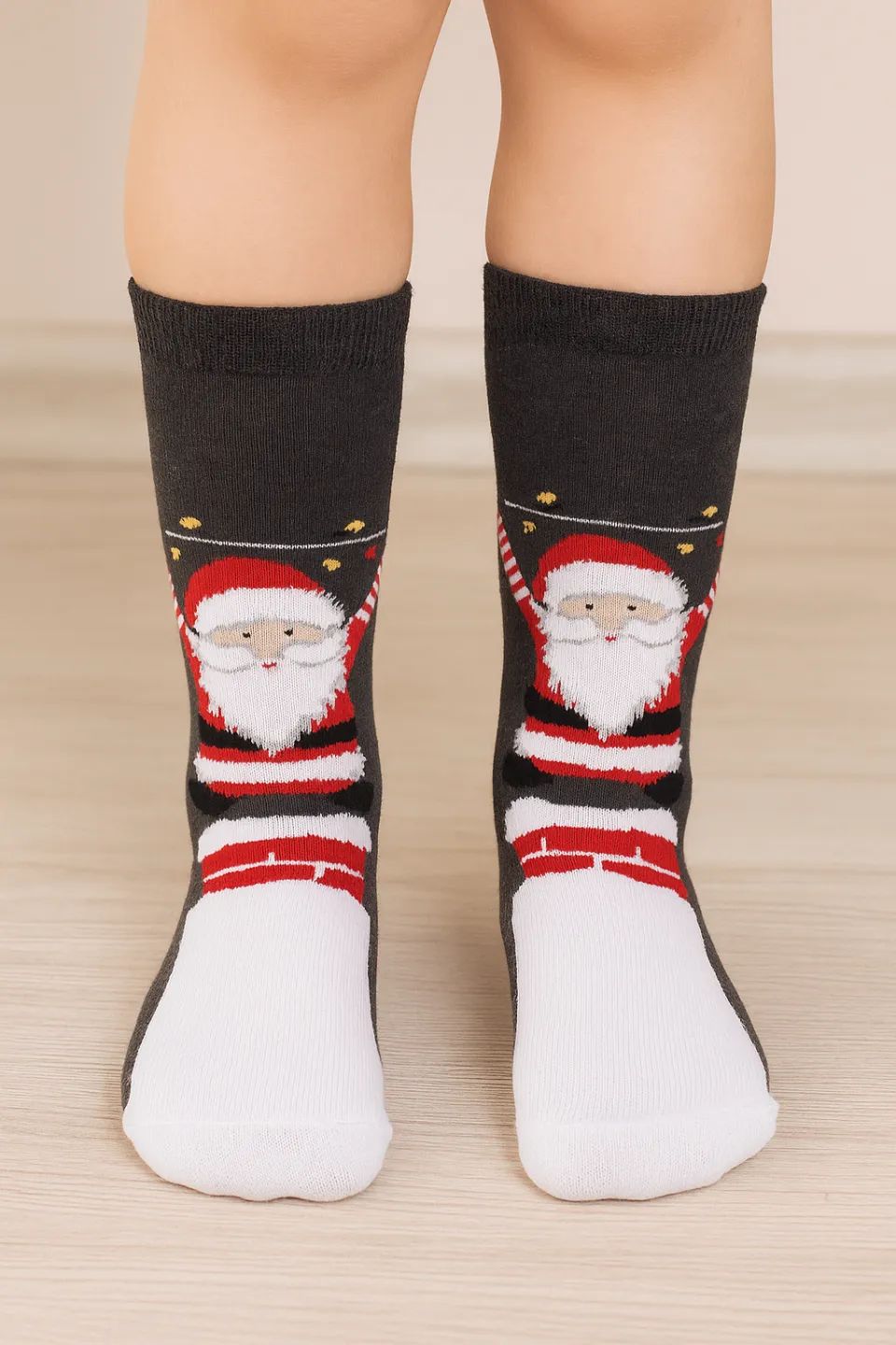 ȘOSETE LUNGI ȘI GROASE DE CRĂCIUN PENTRU COPII – GRI ÎNCHIS CU MOȘ CRĂCIUN - 1