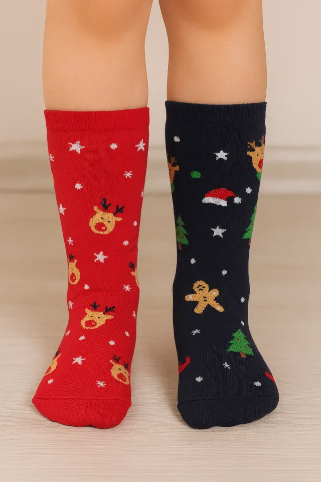 Set 2 perechi șosete lungi de Crăciun pentru copii – reni, turtă dulce și brăduți