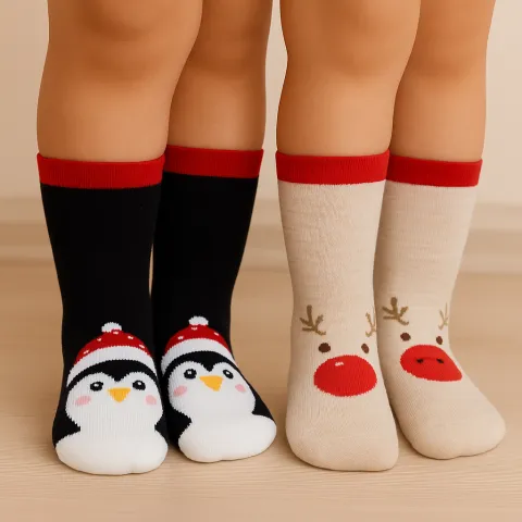 Set 2 perechi șosete de Crăciun pentru copii – crem cu ren și negre cu pinguin