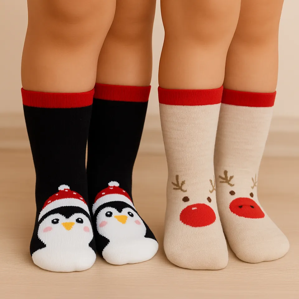 Set 2 perechi șosete de Crăciun pentru copii – crem cu ren și negre cu pinguin