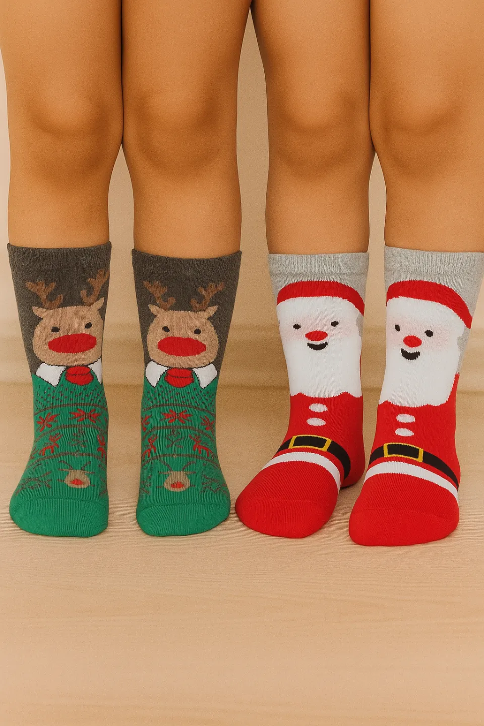 Set 2 perechi șosete de Crăciun pentru copii – roșii cu Moș Crăciun și verzi cu ren - 1