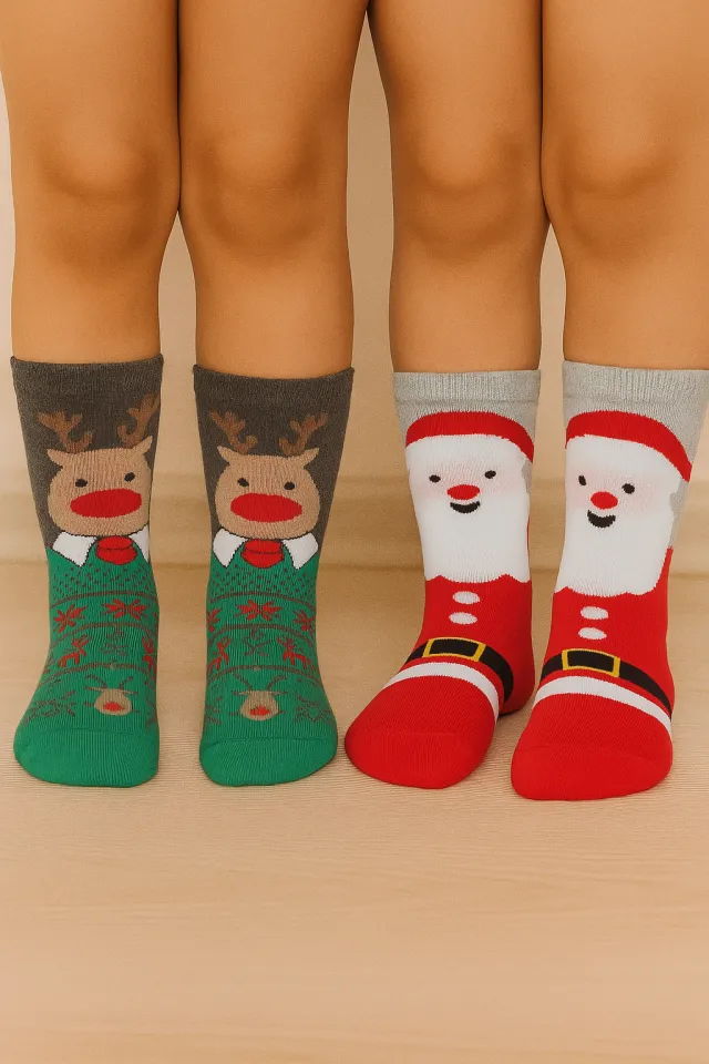 Set 2 perechi șosete de Crăciun pentru copii – roșii cu Moș Crăciun și verzi cu ren