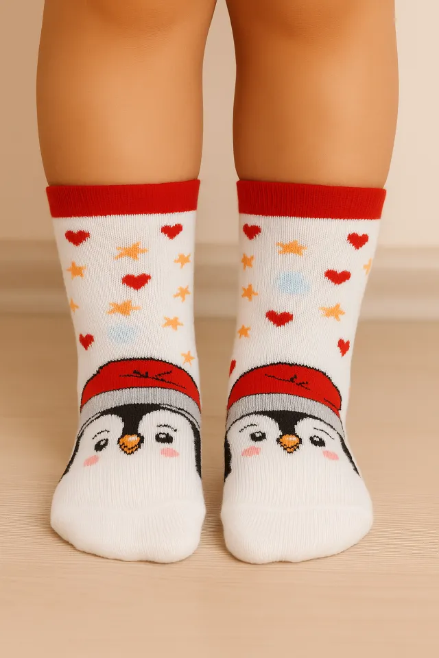 Set 2 perechi șosete albe de Crăciun pentru copii – cu fulgi de nea și elastic roșu