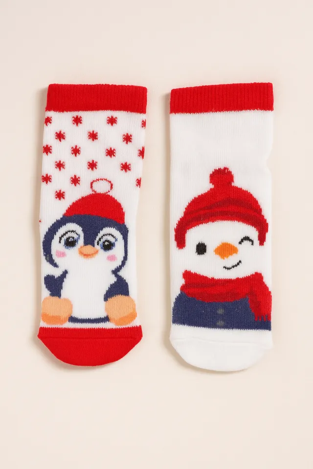 Set 2 perechi șosete albe de Crăciun pentru copii – cu om de zăpadă și pinguin