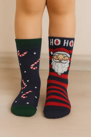 Set 2 perechi șosete bleumarin de Crăciun pentru copii – cu Moș Crăciun și bomboane