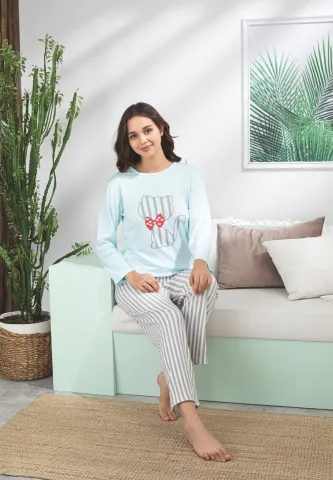 Pijama damă bleu cu mânecă lungă și pantaloni lungi, imprimeu cu pisică