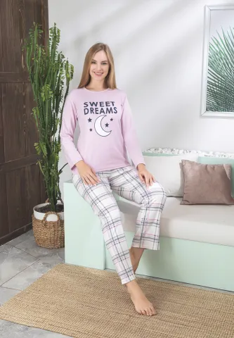 Pijama damă roz cu mânecă lungă și pantaloni lungi, imprimeu „Sweet Dreams”