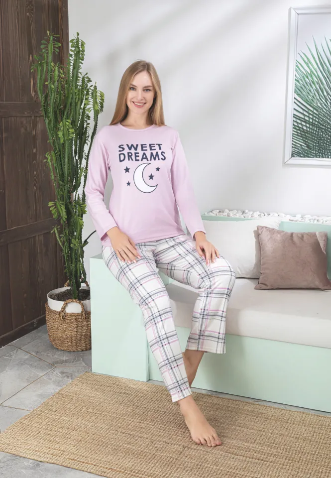 Pijama damă roz cu mânecă lungă și pantaloni lungi, imprimeu „Sweet Dreams”