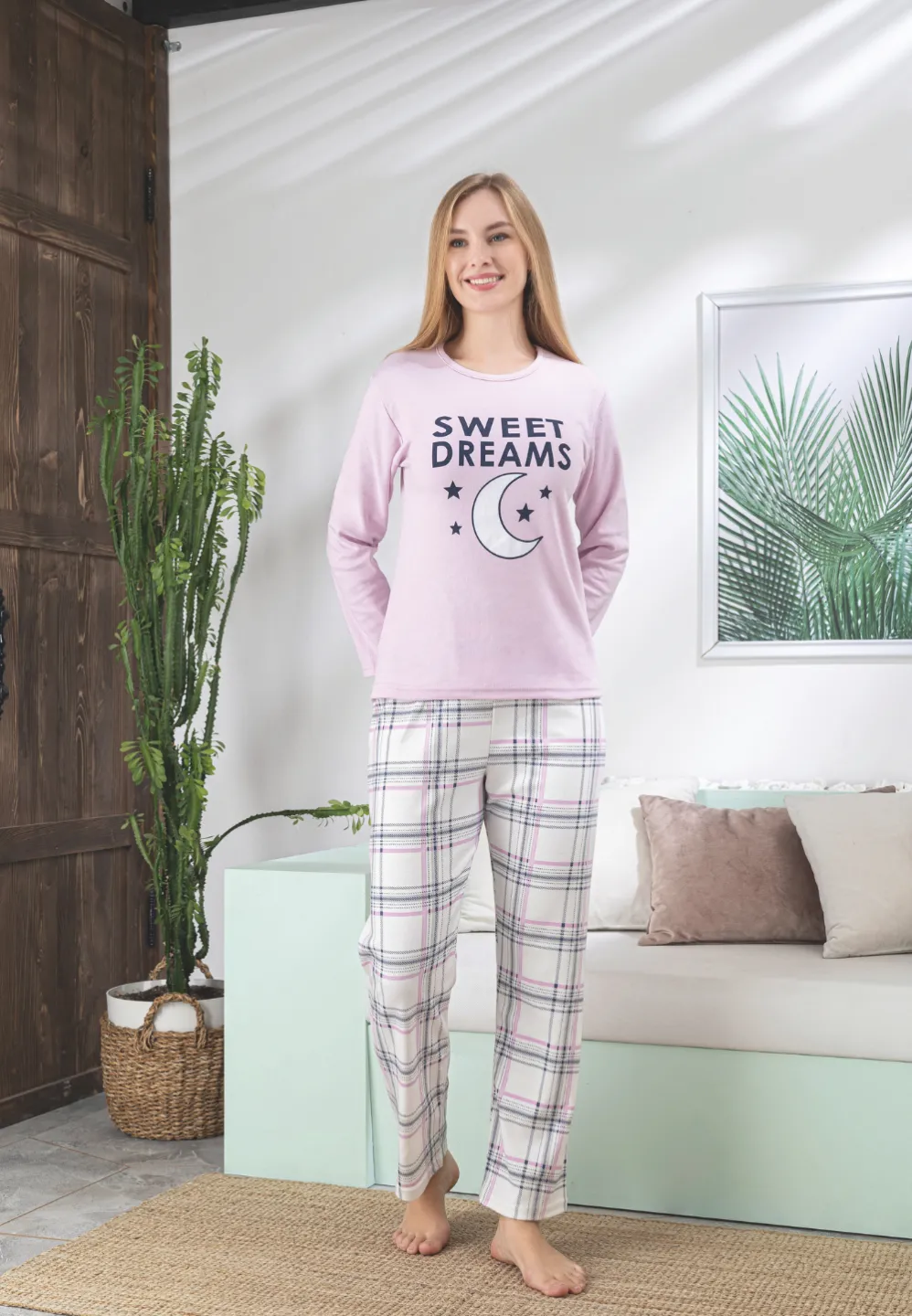 Pijama damă roz cu mânecă lungă și pantaloni lungi, imprimeu „Sweet Dreams” - 2