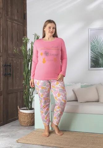 Pijama damă Big Size roz cu mânecă lungă și pantaloni lungi, imprimeu „Amour” hover