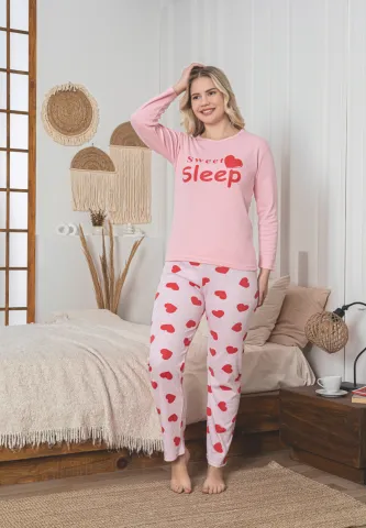 Pijama damă roz cu mânecă lungă și pantaloni lungi albi cu inimioare, imprimeu „Sweet Sleep” hover