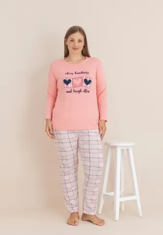 Pijama damă Big Size roz cu mânecă lungă și pantaloni lungi, imprimeu cu inimioare hover
