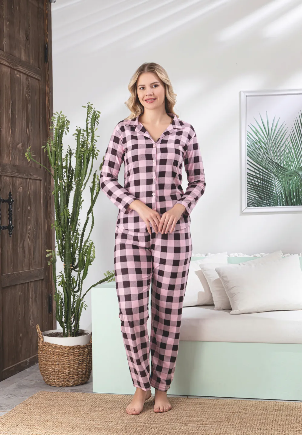 Pijama damă în carouri roz cu negru, mânecă lungă și pantaloni lungi - 2