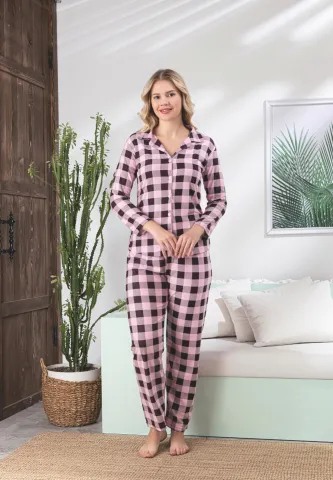 Pijama damă în carouri roz cu negru, mânecă lungă și pantaloni lungi hover