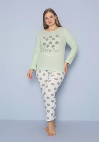 Pijama damă Big Size, bluza verde și pantaloni albi cu buline, mânecă lungă și pantaloni lungi hover