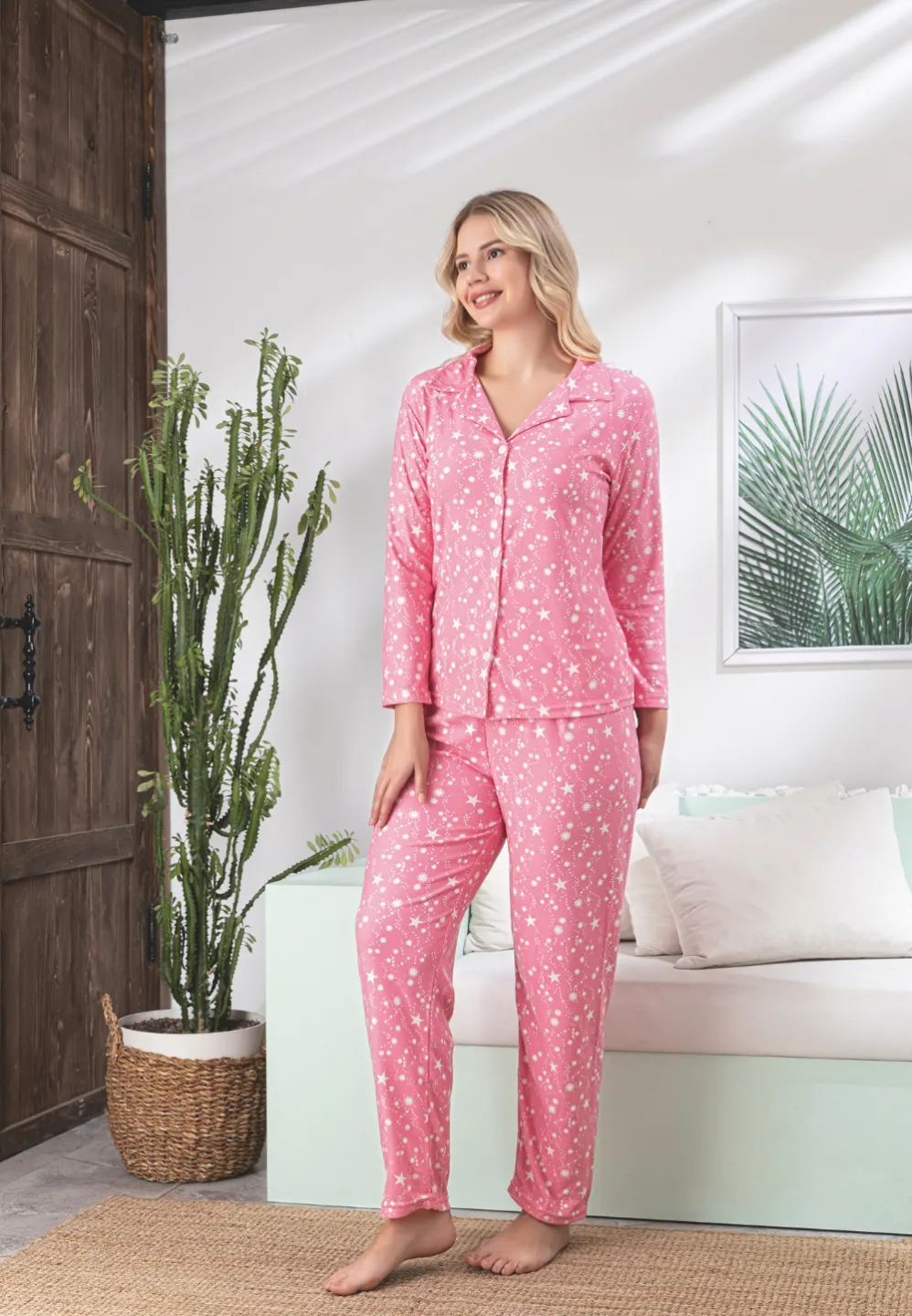 Pijama damă roz cu mânecă lungă și pantaloni lungi, imprimeu cu steluțe albe - 2