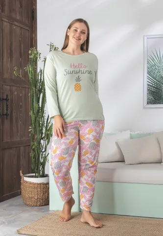 Pijama damă Big Size cu mânecă lungă și pantaloni lungi, bluza verde și pantaloni roz, imprimeu cu ananas hover