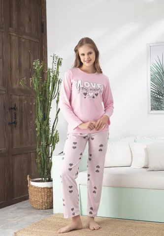 Pijama damă roz cu mânecă lungă și pantaloni lungi, imprimeu „Love You More” hover