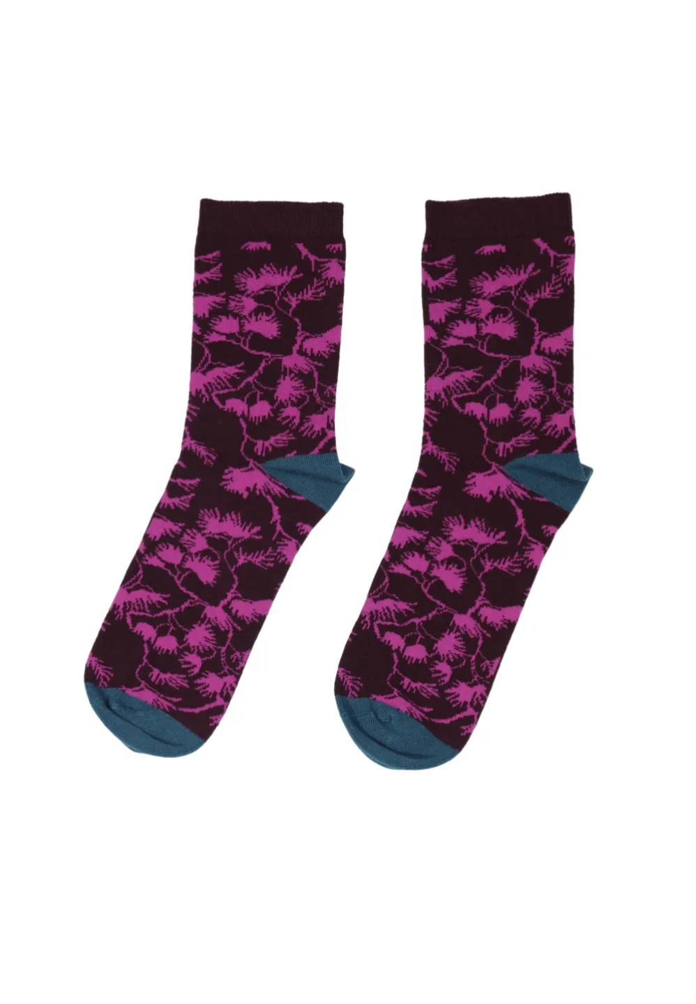 Șosete lungi damă bordo – subțiri, moi și elastice, cu detalii turcoaz și imprimeu floral „WHITE STUFF” - 1