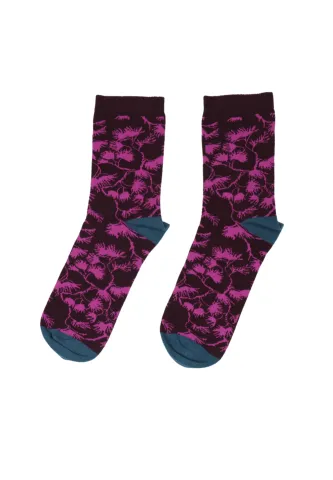 Șosete lungi damă bordo – subțiri, moi și elastice, cu detalii turcoaz și imprimeu floral „WHITE STUFF”