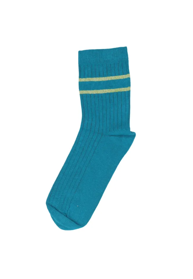 Șosete lungi damă turcoaz – subțiri, moi și elastice, cu dungi sclipitoare galbene și inscripția „WHITE STUFF”