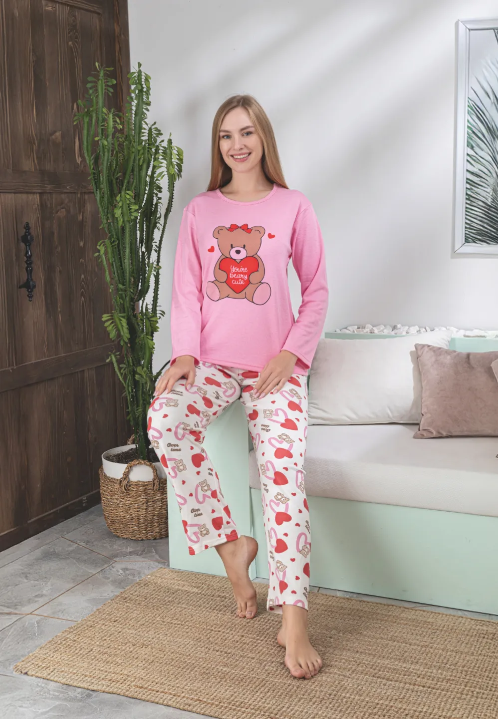 Pijama damă roz cu mânecă lungă și pantaloni lungi, imprimeu cu ursuleț - 1