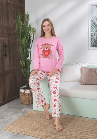 Pijama damă roz cu mânecă lungă și pantaloni lungi, imprimeu cu ursuleț