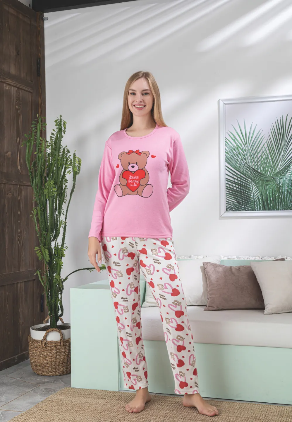 Pijama damă roz cu mânecă lungă și pantaloni lungi, imprimeu cu ursuleț - 2