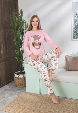 Pijama damă roz cu mânecă lungă și pantaloni lungi, imprimeu cu ursuleț și text „True Friends Are Forever”