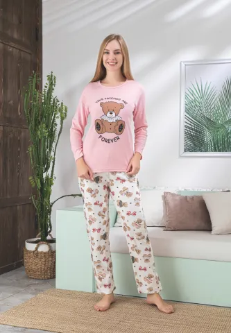 Pijama damă roz cu mânecă lungă și pantaloni lungi, imprimeu cu ursuleț și text „True Friends Are Forever” hover